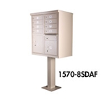 Florence vital™ CBU mailbox and pedestal (included in each mailbox purchase) Model 1570 and 1590 provide a secure, free standing outdoor solution for your neighborhood centralized mail delivery needs. Pre-configured units include built-in parcel lockers and outgoing mail collection for added convenience and can be used alone or in large groupings to accommodate every project type.